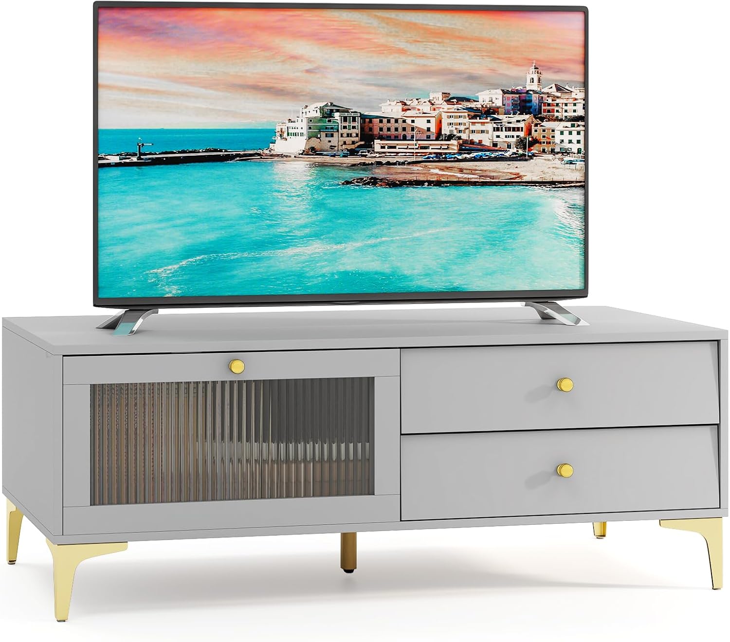 Tangkula Gray TV Stand for 55-Inch TV, 47.5” TV Console Table with Drawers